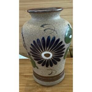 Vintage Blue Dailey Mexican Tonala Pottery Tumbler Small Vase Signed 7 Inch